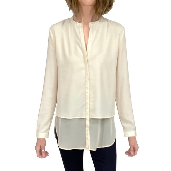 DKNYC Layered Button Down Tunic Sz S Buttercream Blouse Band Collar Long Sleeve - Picture 2 of 8